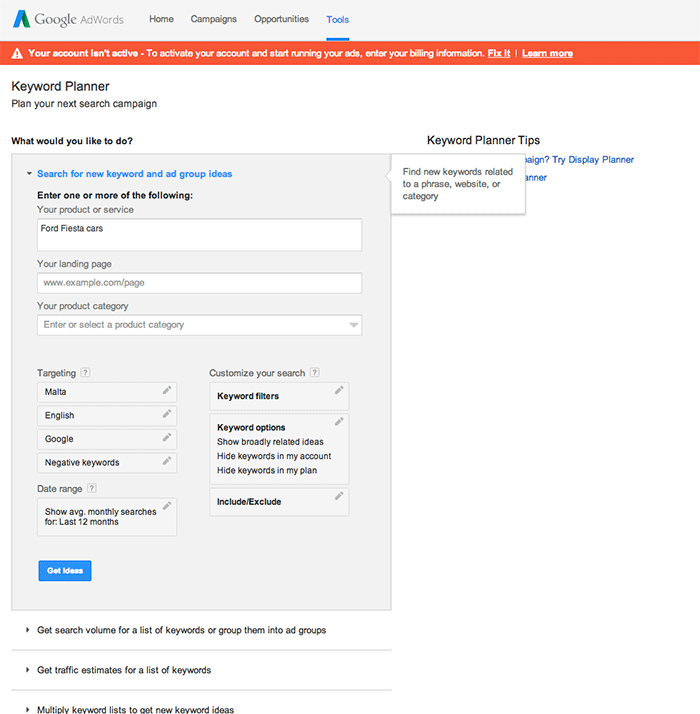 Maximising revenue SEO Adwords Keywords planner